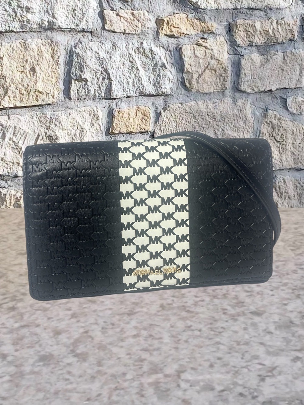 Michael Kors Jet Set Logo Medium Flap Crossbody Bag Black White Center Stripe